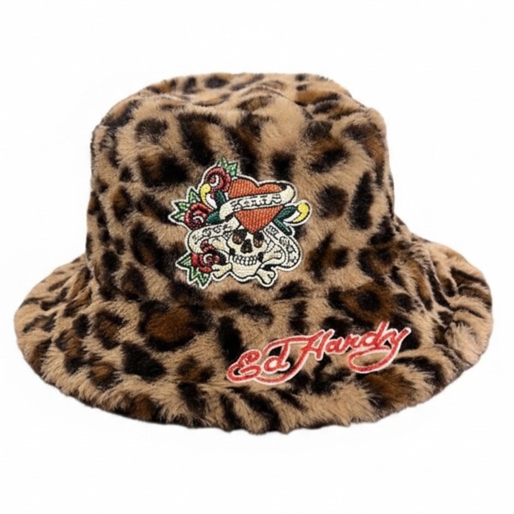 Ed Hardy Leopard Print Faux Fur Love Kills Slowly Bucket Hat